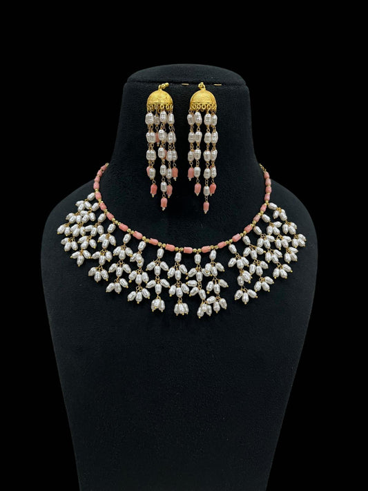 Coral Pearl Blossom Necklace Set | Indian jewelry in USA | Gift Idea