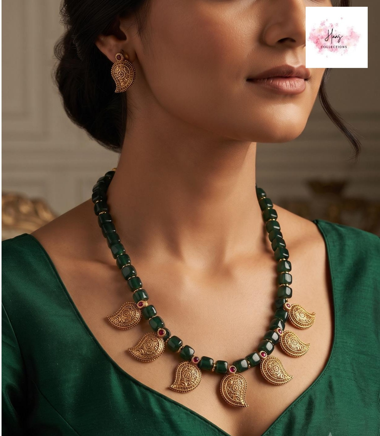Antique Mango Pendants Green Beads Necklace | Beautiful Necklace Set
