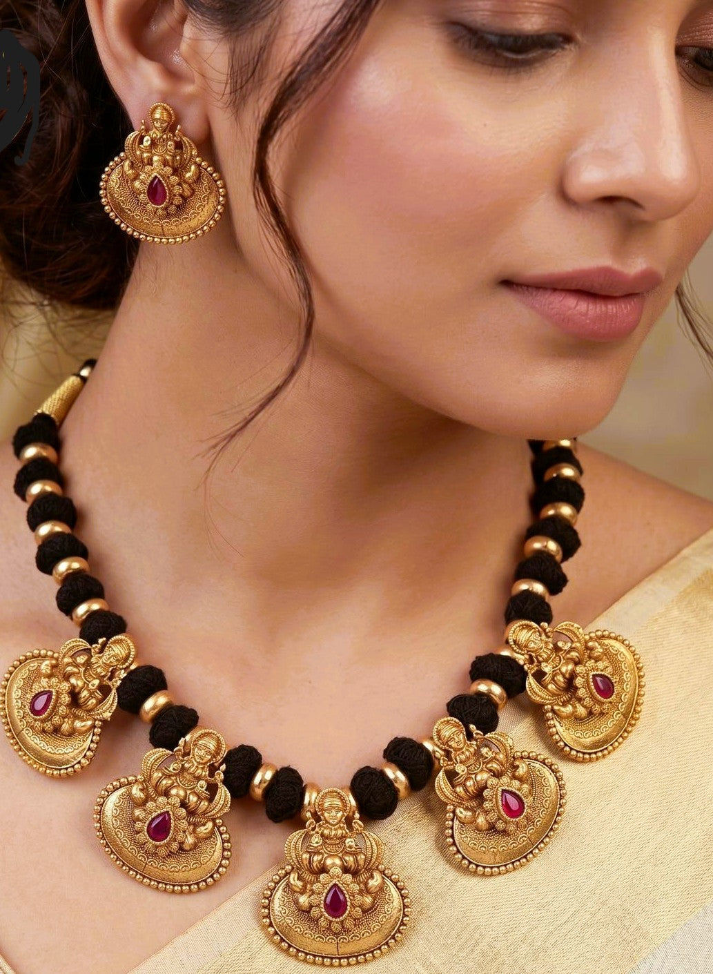 Antique Lakshmi Pendants Thread Necklace Set | Traditional Indian Jewelry