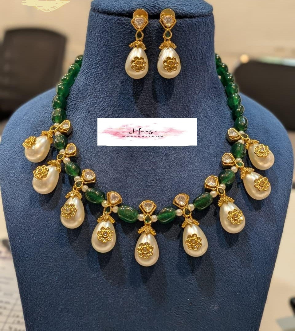 Green Beads Pearl Drop Kundan Necklace Set | Indian jewelry In USA