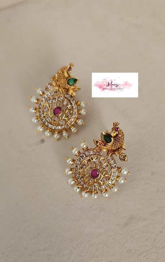 Antique CZ Peacock Ear Studs | Indian Earrings In USA