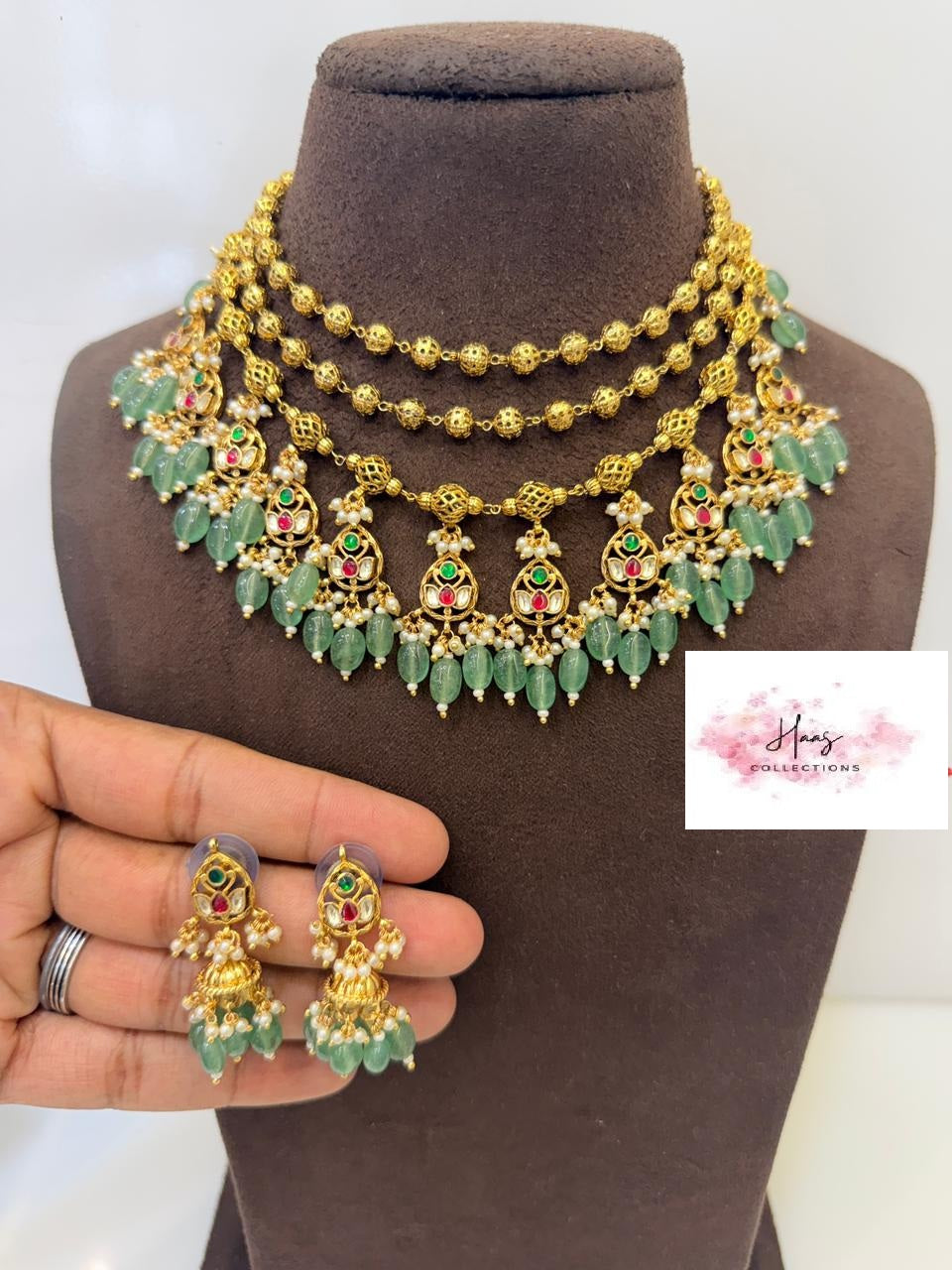Antique Green Beads Multi-Layer Kundan Necklace Set | Indian Jewelry In nUSA