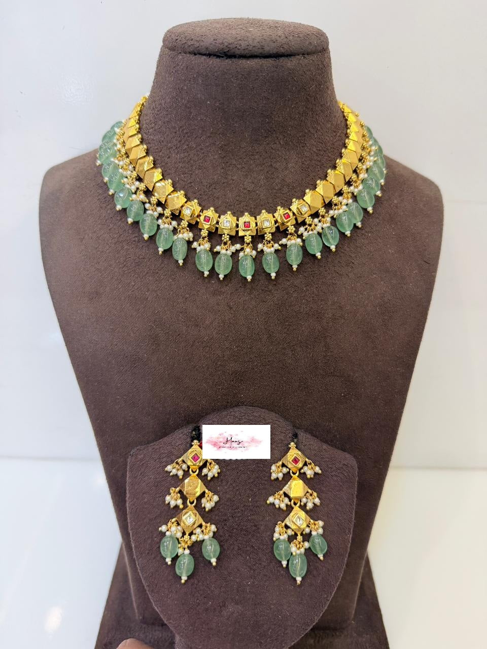 Antique Green Beads Kundan Necklace Set | Traditional Indian Jewelry In USA