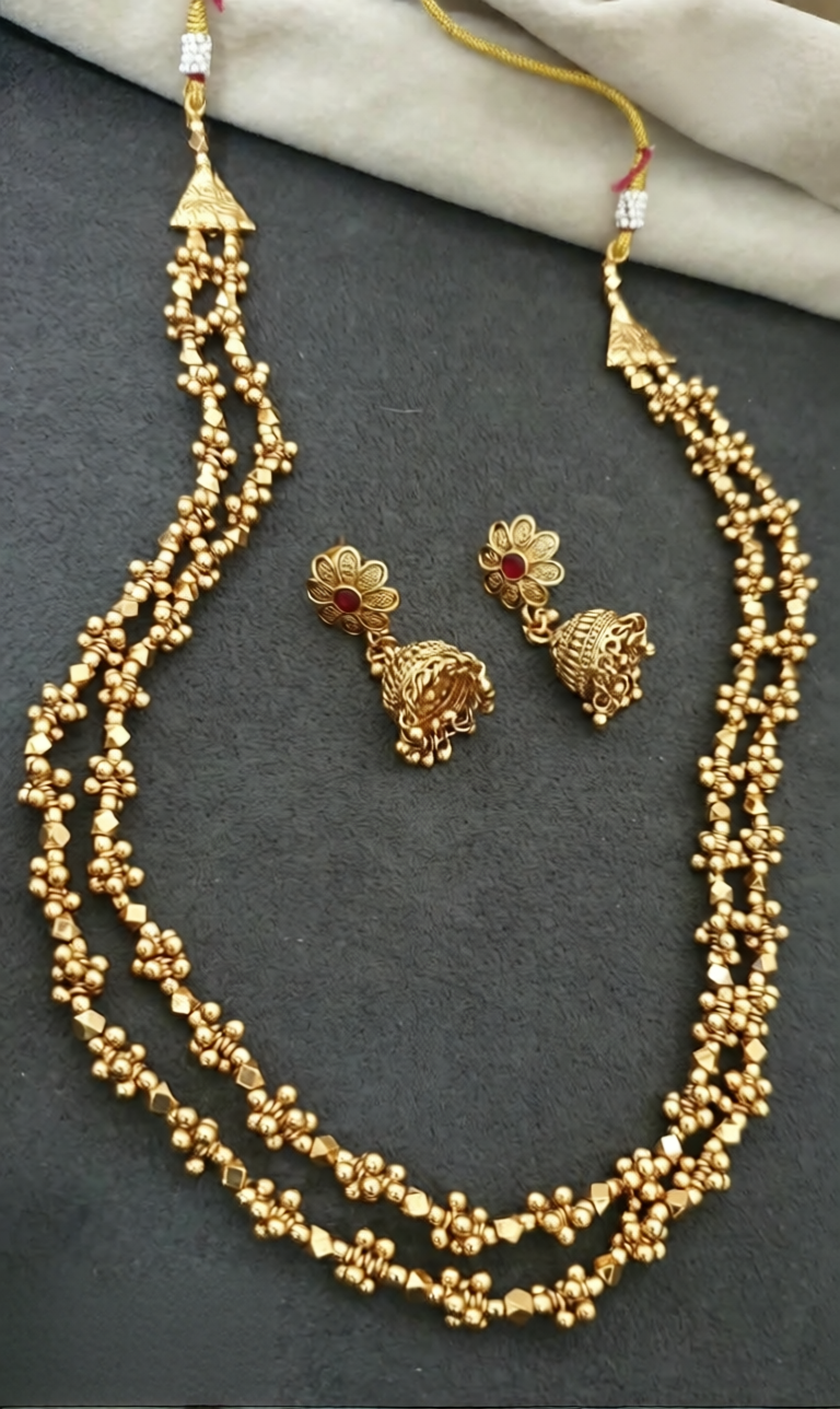 Antique Gold Beads Mala Necklace With Jumkis | Indian Traditonal Jewelry In USA