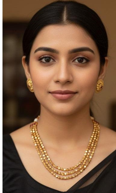 3 Lines Gold Beads Necklace With Studs | Indian Jewelry In USA | Palakasarlu necklace