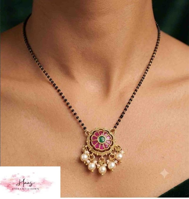 Antique Kundan Pendant Mangalasutra | Indian Traditional Black Beads | Gift Ideas