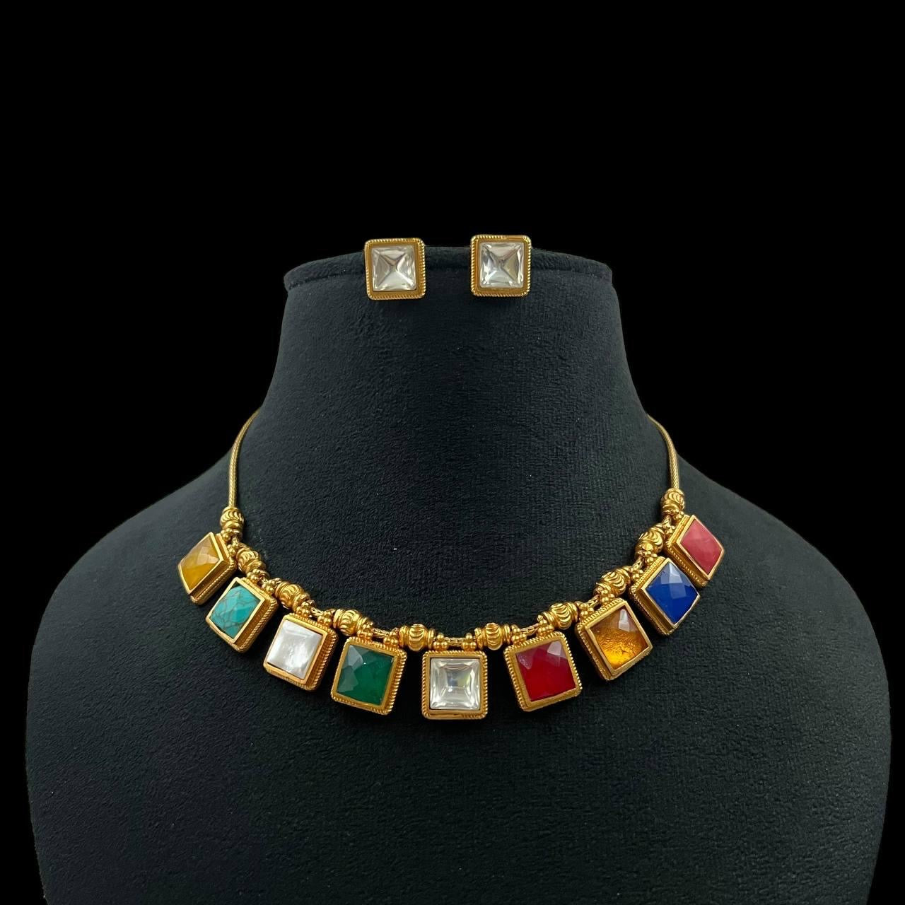 Navratan Antique Necklace With Studs | Indian Jewelry | Gift Idea