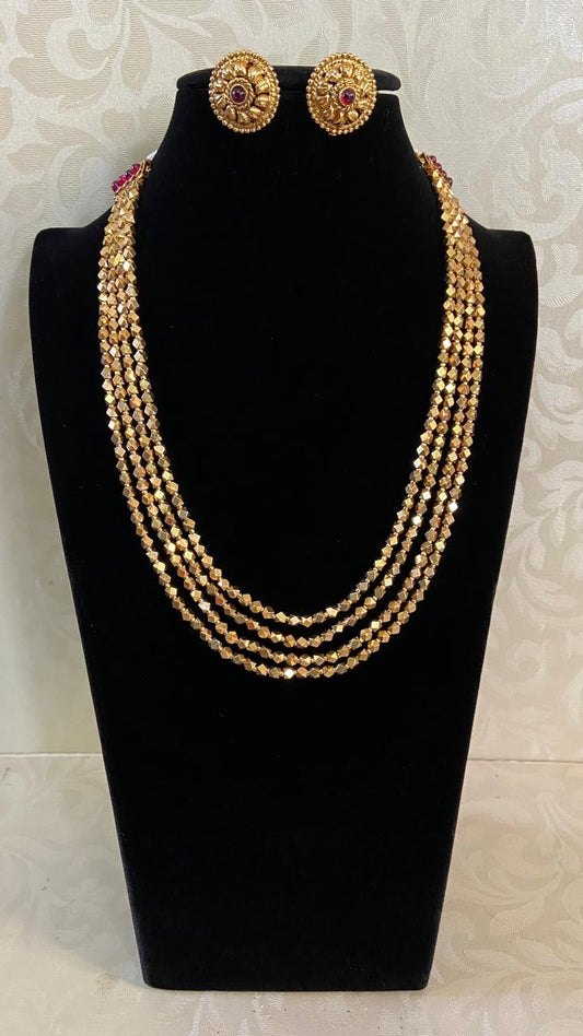 4 Layears Golden Beads Necklace With Earrings | Indian Necklace