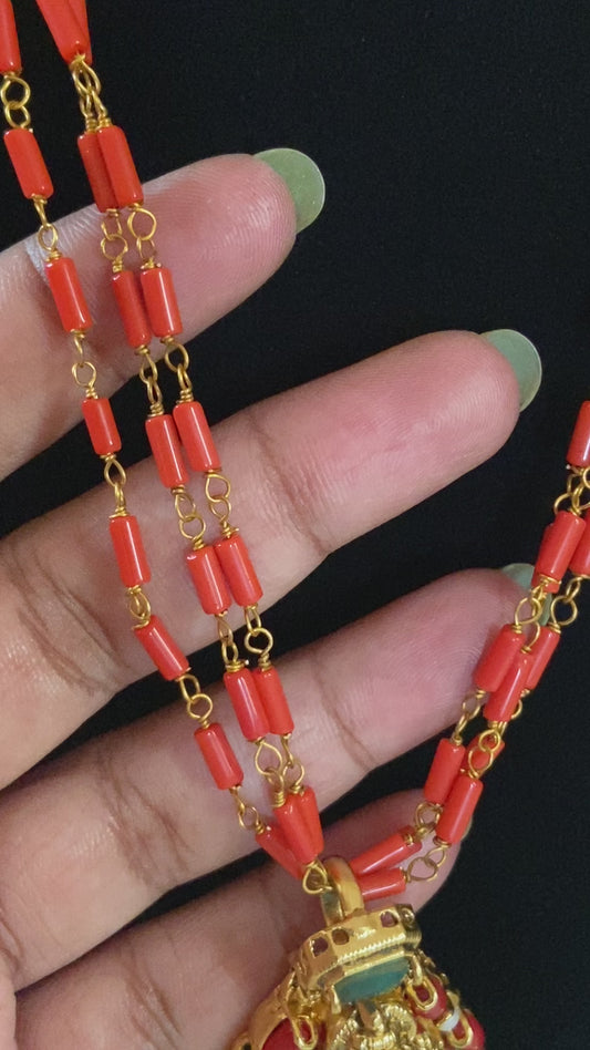 Coral necklace with Laxmi pendant | Temple coral necklace