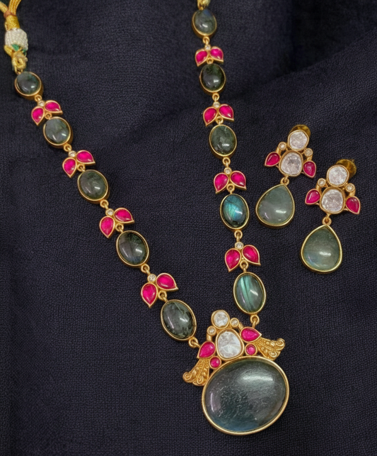 Natural Stones Jadau Fusion Necklace with Earrings | Indian Latest Jewelry In USA