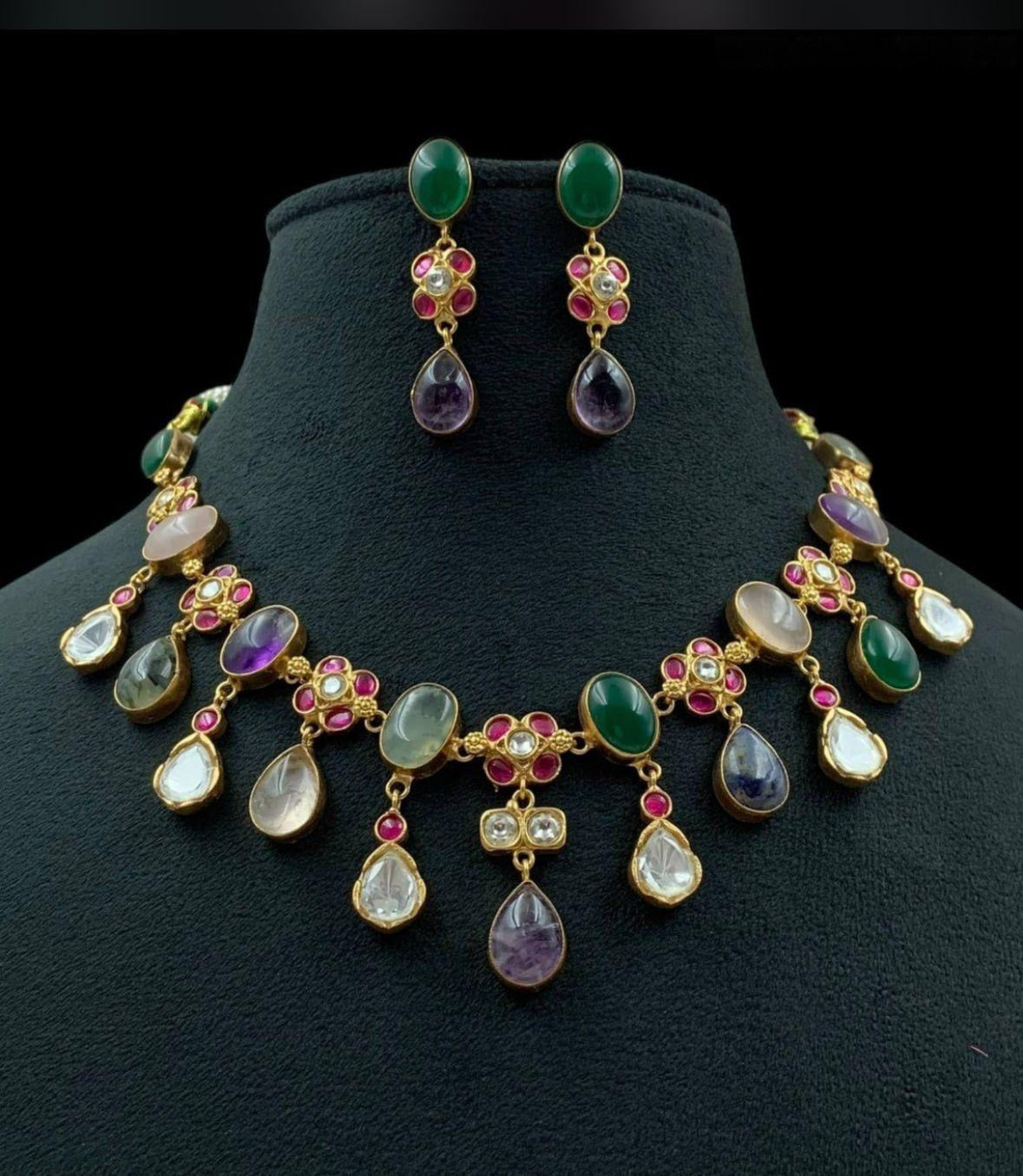 Natural stones Fusion Necklace | Moissanite &  Kundan Necklace