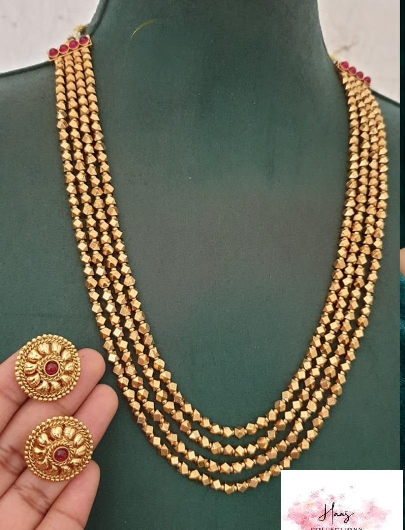 4 Lines Gold Beads Necklace With Studs | Palakasarlu Necklace | Indian Jewelry In USA