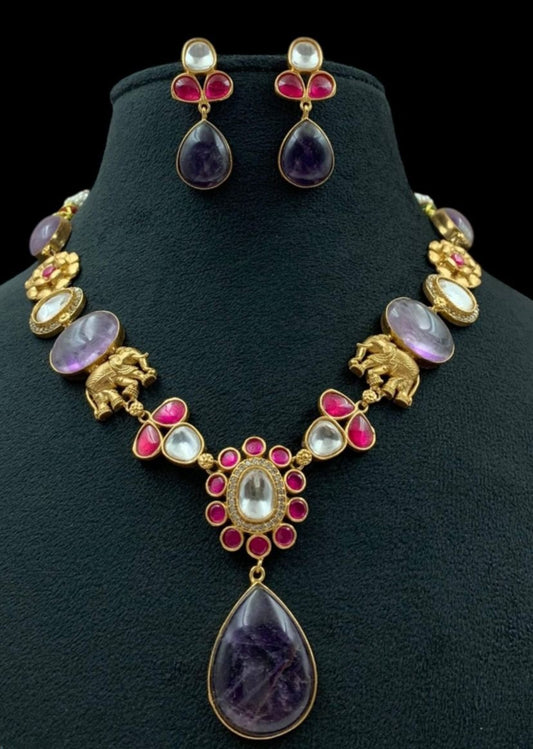 Natural Stones Jadau Fusion Necklace Set | Indian jewelry In USA