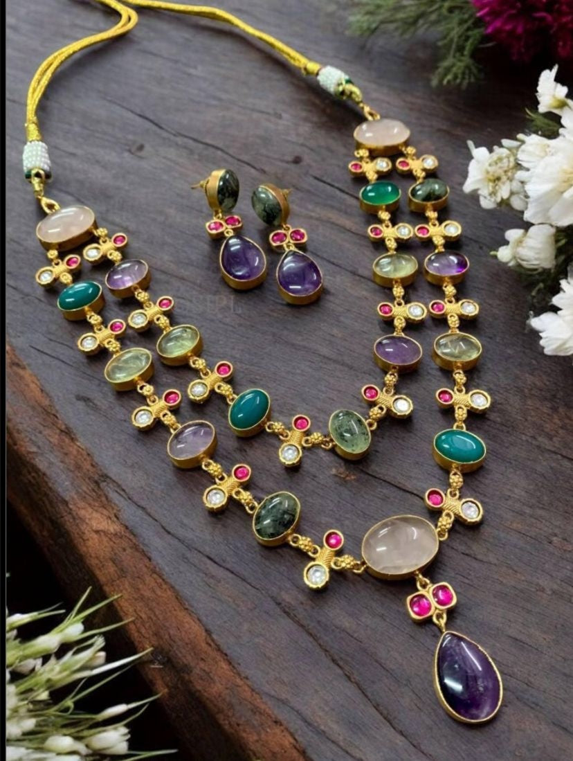 Natural Stones Multicolour Fusion 2Layer Necklace Set | Latest Indian jewelry