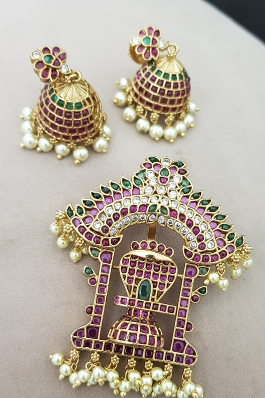 Antique Kemp Shivling Pendant with Jumkis | Indian Traditional Jewelry