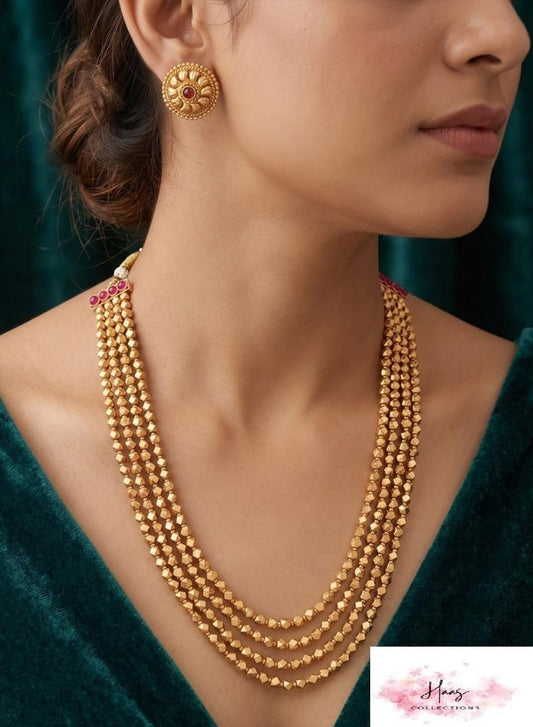 4 Lines Gold Beads Necklace With Studs | Palakasarlu Necklace | Indian Jewelry In USA