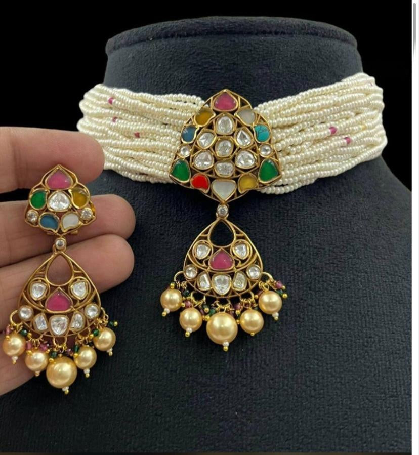 Navaratan Pendant Pearl Choker Set | Indian traditional jewelry
