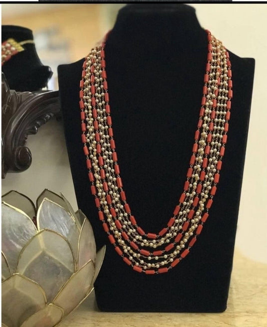 Layered Coral Green & Pearl Mala | Indian Beads Necklace
