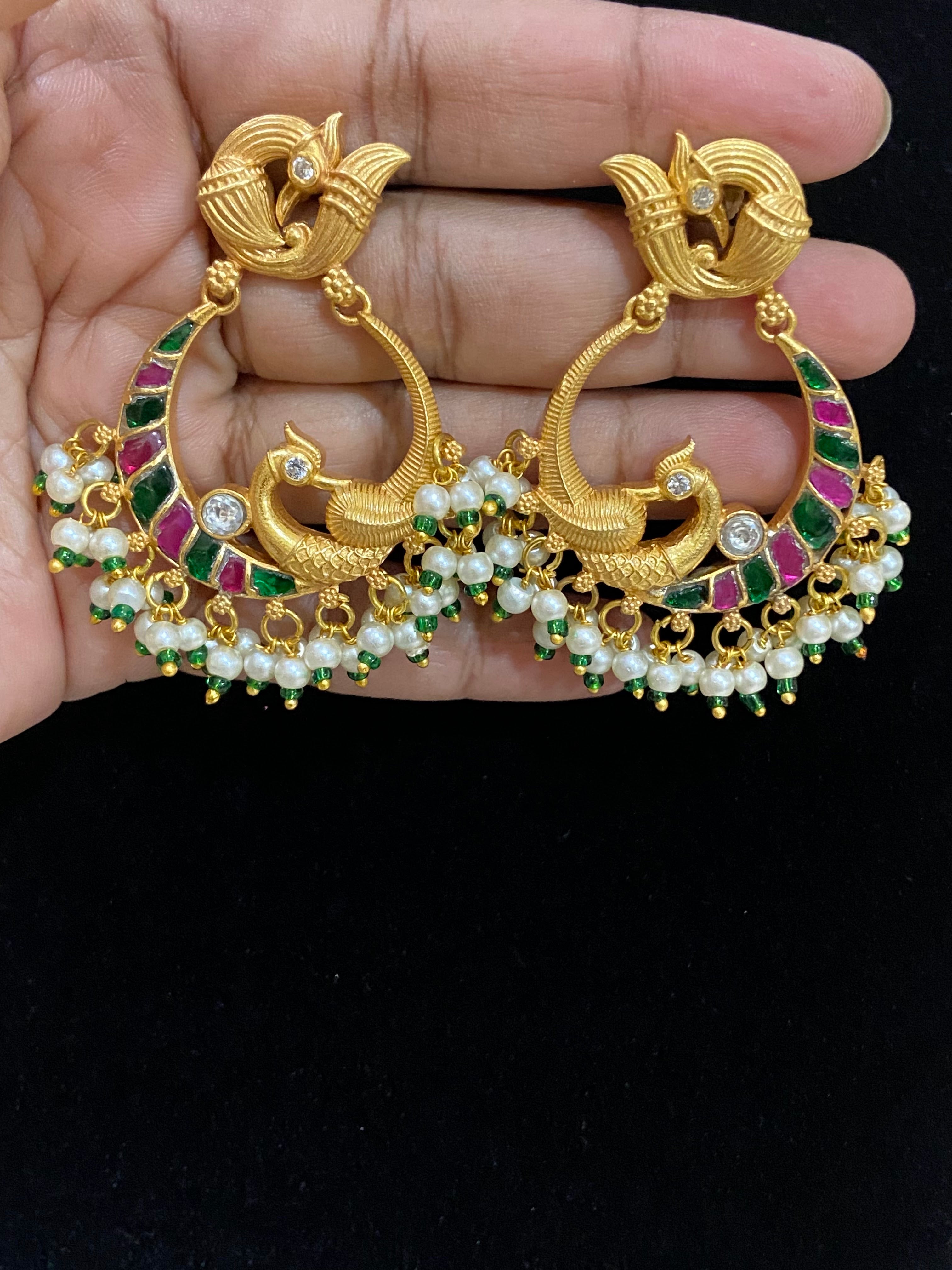 Antique finish AD and kundan peacock design rectangular stones long ea –  Odara Jewellery